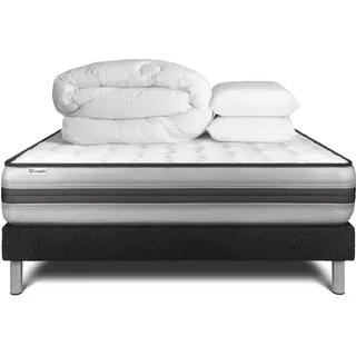Komplettpaket Bett - Matratze 200x200 cm + Boxspringbett mit Lattenrost (im Set) + 2 Kopfkissen + Bettdecke - Vitalpower Recover - Schwarz