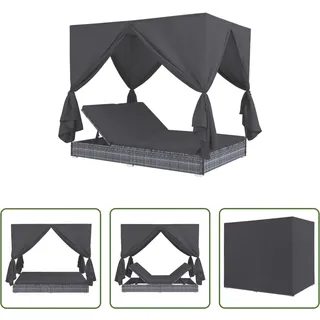 The Living Store Outdoor-Lounge-Bett mit Vorhängen Poly Rattan Grau - Grau