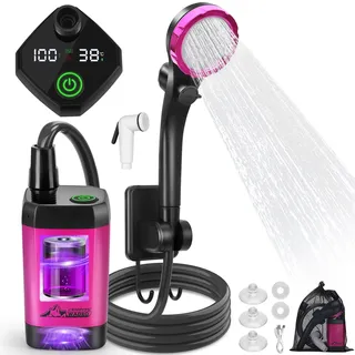 WADEO Tragbare Campingdusche Akku mit Pumpe, Camping Dusche mit wiederaufladbarem 6000-mAh-Akku und doppelter Digitalanzeige, Mobile Duschen mit Duschkopf, für Camping Reisen Garten (Lila, Typ C)