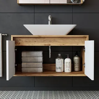 Roomart ATLANTIC-85 Badmöbel Unterschrank 85 cm breit, Weiß-Eiche - Hellbraun