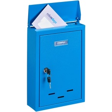 Bild von Briefkasten mit Namensschild, aus Metall, mit 2 Schlüsseln, Postkasten schmal, HxBxT: 35,5 x 24 x 9 cm, blau, 1 Stück