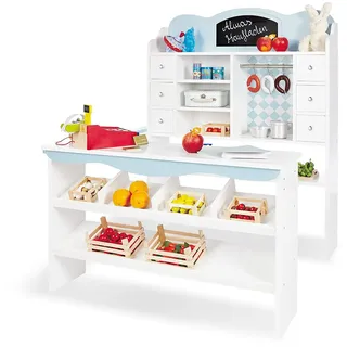 PINOLINO Kaufladen Alma, Spielküche aus Holz, mit Kinderküchenzubehör Maltafel, standfeste Kinderküche, Kinder Kaufmannsladen, Spielzeug ab 3 Jahre, Maße B 100 x T 92 x H 119 cm, weiß/hellblau