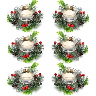 Weihnachts Kerzenringe, Künstlicher Roten Beeren Kranz Verschneiten Kiefernnadeln Kerzenring für Säulen Rustikal Hochzeit Kernstück Haustür Weihnachten Tisch Dekoration 6 Stück