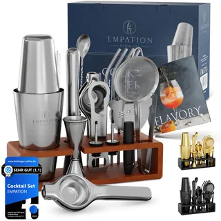 EMPATION Cocktail Set [TESTSIEGER] 825ml Boston Cocktail Shaker aus Edelstahl, leicht zu öffnen & kein Verklemmen, Profi Shaker Set mit Ständer & Rezeptbuch, Mix Set für Barkeeper
