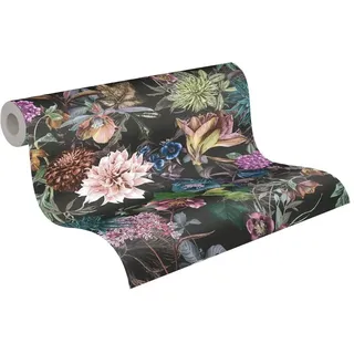 A.S. Création Tapete Blumenoptik Dunkel Schwarz Grün Vlies Blumentapete 381757 für Küchen 10,05x0,53m Made in Germany