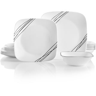 Corelle 18-teiliges Tafelservice, einfache Skizze, schwarz und weiß für 6 Personen, splitterfestes Geschirr, inklusive 26 cm quadratischen Speisetellern, 17 cm quadratischen Salat-/Beilagentellern und