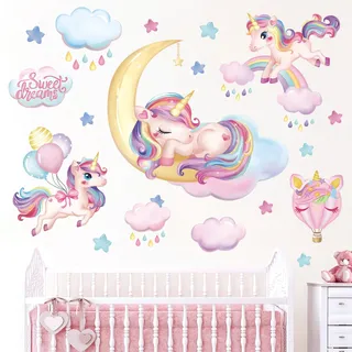 wondever Wandtattoo Regenbogen Einhorn Wandaufkleber Ballon Einhorn auf Mond Wolken Wandsticker Wanddeko für Kinderzimmer Mädchen Babyzimmer Schlafzimmer