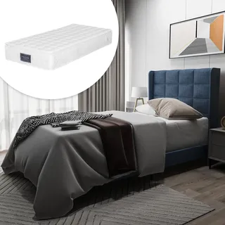 okwish Modernes Polsterbett mit gepolstertes Kopfteil Einzelbett mit Lattenrost, 90x200cm Blau Leinen (Mit Matratze) - Blau