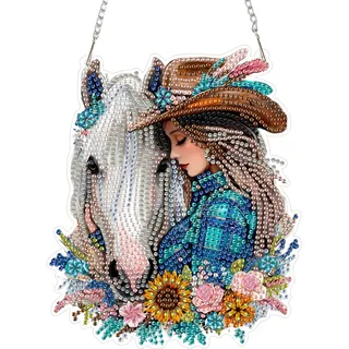 AIRDEA Cowgirl Diamond Painting Fensterbilder, 5D Brillante Weißes Pferd Diamond Painting Fensterbilder Beidseitig, Bausätze für Diamantmalerei Suncatcher Erwachsene