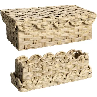 Navaris Aufbewahrungskorb mit gewellten Kanten - 2x Korb geflochten mit Deckel - Körbe Aufbewahrung - Rattan Design Regalkorb - Flechtkorb - Regalkörbe Set