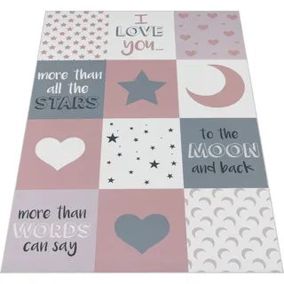 Paco Home Kinderteppich Kinderzimmer Mädchen Herzen Sterne Mond Spruch Rosa Grau Grösse 160x230 cm - Rosa