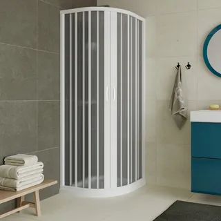VIERTELKREIS DUSCHKABINE DUSCHWAND WEIßE FALTTÜR PVC 75X75 CM ZENTRALE ÖFFNUNG