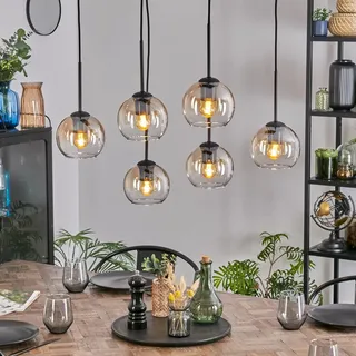 HOFSTEIN Hängeleuchte Koyoto, 6-flammige Hängelampe aus Metall/Glas in Schwarz/Bernstein/Klar, Pendelleuchte im Retro/Vintage-Design (Schirme 15; 20 cm), E27, Esszimmer, Küche, Wohnzimmer, Flur