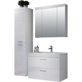 trendteam Bad 3-teilige Kombination Devon Weiß Melamin/Weiß Hochglanz Tiefzieh 130 x 190 x 47 cm - Weiß
