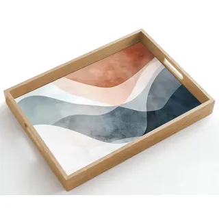 OnlyWow© Tablett Serviertablett rutschfest Griff Küchentablett | 50x35 cm - Rechteckig - Servierplatte Eiche Holztablett Henkel Hitzebeständig Abstrakt - Wellen - Blau