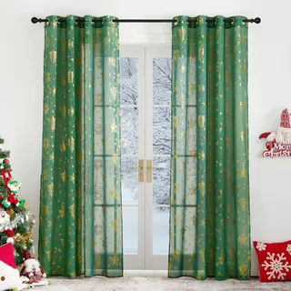 PONY DANCE Weihnachtsgardinen Wohnzimmer Weihnachten Vorhang Dunkelgrün Transparent Ösen Vorhänge 2er Set Leinenoptik Gardinen mit Goldernem Muster Voile Vorhänge Durchsichtig, H 245 x B 140 cm