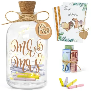 Joellfuner LED Flaschenlicht Hochzeit, Geldgeschenke Hochzeit Verpackungen mit Hochzeitskarte, Hochzeitsgeschenke Geld für Brautpaar, Hochzeit Spardose Personalisiert für Frisch Verliebte (Liebevoll)