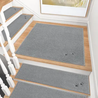 BEQHAUSE Treppeneckmatten Stufenmatten Innen rutschfest, Maschinenwaschbare Treppenteppich für Kinder, Älteste und Haustiere, 100% Polyester TPE -Rücken, 76X76cm, Grau
