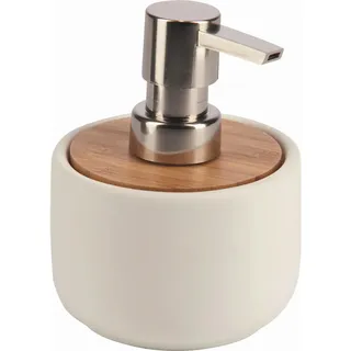 Sadena Seifenspender , Braun, Weiß , Holz, Keramik , Bambus , 9.1x12.6x9.1 cm , Metallpumpe , Badaccessoires, Seifenspender