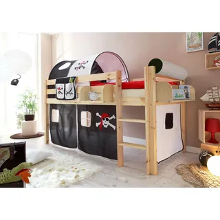 TICAA Hochbett Malte 90 x 200 cm inkl. Vorhang Kiefer massiv natur pirat-schwarz-weiß