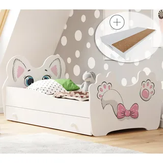 Kinderbett Jugendbett 70x140 cm mit Matratze, Schublade und Lattenrost, Motiv Katze MDF-Holz Europe Komplettbett Einzelbett - Weiß