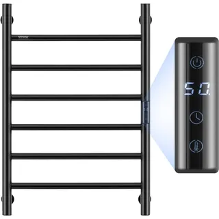 Vevor Handtuchtrockner Heizkörper Handtuchwärmer, beheizter Handtuchhalter mit 6 Stangen, wasserdichter Handtuchwärmer mit Timer & LED-Anzeige, 5 einstellbare Temperaturstufen, Wandmontage, Schwarz