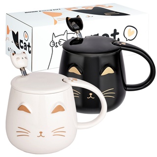 2er-Pack süße Katzenbecher,Katze-Kaffeetasse-Set mit Deckel und Löffel,Neuartiges Morgentee-Milchbecher-Set für Katzenliebhaber,Mädchen Frauen,Weihnachtsgeburtstagsgeschenk 450ML Weiß und Schwarz