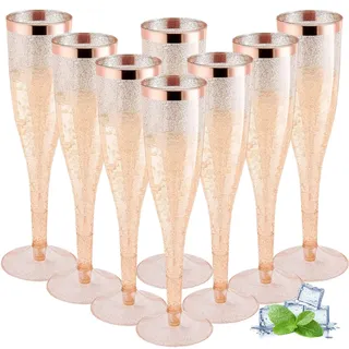 AUTOWNLUX 50 Stück Sektgläser Plastik, 150ml Champagner Gläser mit Roségoldrand und Roségoldglitter aus Kunststoff, Sektglas Plastik Mehrweg für Mimosa Bar Hochzeit Party Picknick im Freien