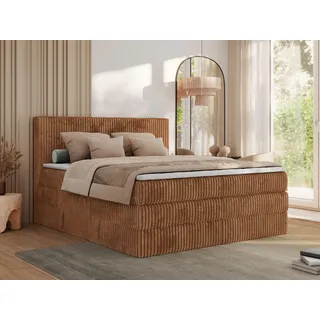 MKS MEBLE Boxspringbett 140x200 Orange Cord, Boxspringbett mit Matratze H3, Bett 140x200 mit Bettkasten and Kopfteil, Doppelbett mit Stauraum, Topper T25, Polsterbett 140x200 - Tiliano King - Orange