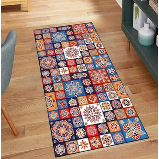 QQrunner Boho Teppich Läufer Flur rutschfest, Bunt 120x250CM Kücheteppich Waschbar Teppichläufer Meterware Lang Korridor Polyester Wohnzimmer Schmutzfangmatte