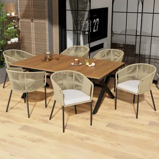 Merax Gartenlounge Set 6 Personen, Garten-Essgruppe Balkonset mit Akazie und Metallrahmen, 7-tlg. Sitzgruppe Seil Gartenmöbel Set Terassenmöbel, ... Beige