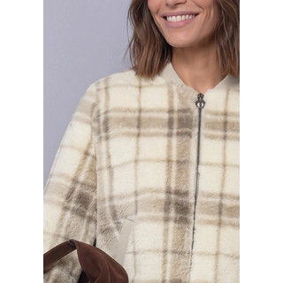 Blouson STREET ONE, Damen, Gr. 40, beige (pure beige), Web, Obermaterial: 100% Polyester. Futter: 100% Polyester, kariert, bequem hüftbedeckend, Rundhals, Flachstrickbündchen, Jacken Blouson, Fake Fur Blouson mit Strickdetails und Print