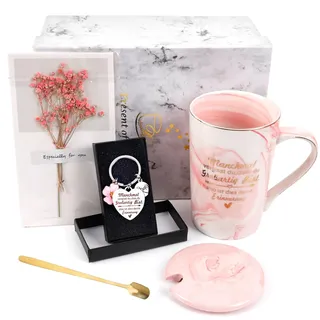 Geschenk für Freundinnen Frauen Geburtstag Muttertagsgeschenk 350ml Keramikbecher mit Deckel Löffel Schlüsselanhänger Grußkarte "Manchmal vergisst du,dass du großartig bist.Dies ist Deine Erinnerung"