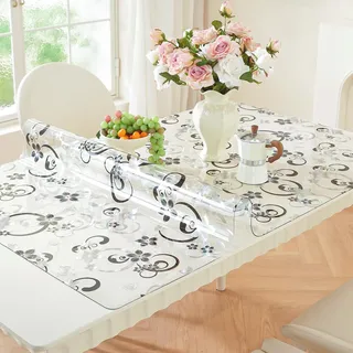 Tischfolie Transparent mit Blumenmuster 90 x 200 cm, 2mm Transparente Tischdecke Tischschutz, PVC Glasklar Folie Tisch Schutzfolie, Wasserdicht Schutztischdecke, Tisch Schutzfolie