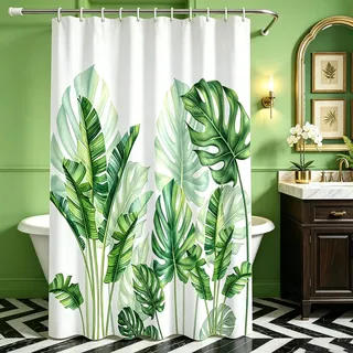 Lerores Duschvorhang 200x200 cm,Grün Blätter Beschwerter Saum Antischimmel Textil,Wasserabweisend, Waschbar Polyester Stoff Badevorhänge mit 12 Ösen und Duschvorhangringe für Badezimmer,Badewanne