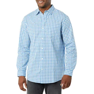 Amazon Essentials Herren Langärmeliges Business Hemd aus Popeline Normale Passform, Hellblau Weiß Vichy-Muster, XS
