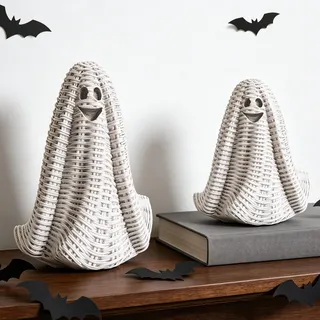 DN DECONATION Halloween Deko, Rattan Geister Figuren, Boho Vintage Deko | Gewebte Geister Figuren, 2er Set, Rattan-Optik, Boho Vintage, gruselig süß, perfekt für Tisch, Regal & Etagere, Halloween