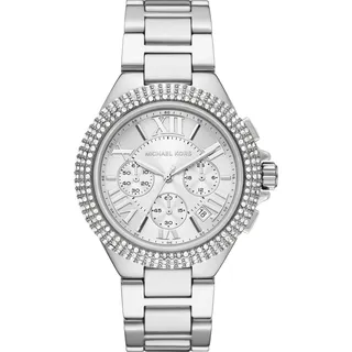 Michael Kors Damen Quartz Armbanduhr, 43.00mm Gehäusegröße mit weiß analog Zifferblatt und Silber Metallarmband Armband MK6993