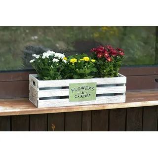 Dekoleidenschaft 3 Pflanzentöpfe in Holzkiste im Shabby Look, weiß, Kräutertopf, Zink Blumentopf, Pflanzgefäß, Garten-Deko für Draußen