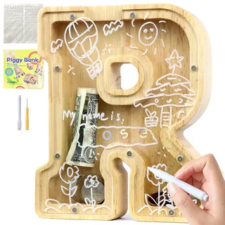 Lakpopya Spardose für Kinder Jungen Mädchen Sparschwein Kinder Spardose Personalisiert Durchsichtig Spardose Buchstabe Holz A-Z mit Zielbereich & Aufkleber & Marker, Taufe Geschenk Dekoration (R)