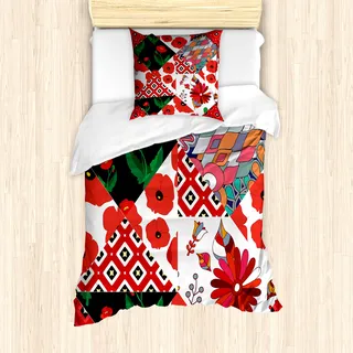 ABAKUHAUS Retro Mantele, Slavic Patchwork Poppy, Milbensicher Allergiker geeignet mit Kissenbezügen, 135 cm x 200 cm - 80 x 80 cm, Mehrfarbig