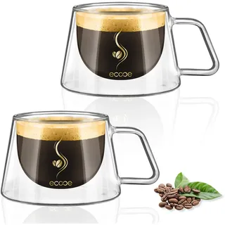 ecooe 120ml Espressotassen Glas Doppelwandige Espresso Gläser 2er Set, Borosilikatglas Kaffeetassen Glas Kaffeegläser Teegläser Espresso Tassen Set mit Henkel Löffel für Tee, Milch Geschenk für Frauen