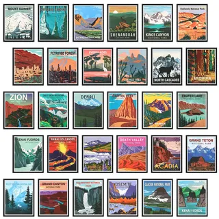Teling 30-teiliges Vintage-Poster im Nationalpark-Stil, Kunstdrucke, Natur-Wandkunst und Bergdruck-Set für Zuhause, Wohnzimmer, Schlafzimmer, Badezimmer, Dekor (helle Farbe, Landschaft)