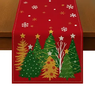 Scinzene Tischläufer Weihnachten Rot, 33x183cm Festlicher Weihnachtstischläufer mit Glitzer-Tannenbäumen & Schneeflocken, Edle Weihnachtsdeko Tisch, Weihnachtsläufer Winter für gemütliche Stunden