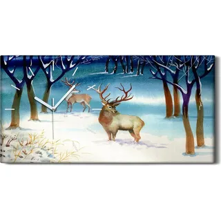 Wandbild Leinwand Bilder Wanduhr 60x30 Gemälde Winter Schnee Wald Hirsche Bäume - weiße Hände - Weiß