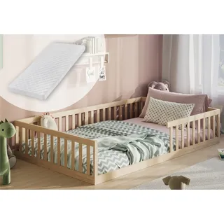 Kids Collective Bodenbett Bett mit Rausfallschutz & Lattenrost Montessori Bett Kinder Jugendbett Einzelbett mit Matratze, natur 120x200 cm | Naturbelassen