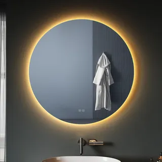 SONNI Badspiegel mit Beleuchtung Rund 80x80 cm, LED Spiegel mit Touch-Schalter und Dimmbar, Beschlagfrei, 3 einstellbare Lichtfarben, Runder Badezimmerspiegel mit Beleuchtung