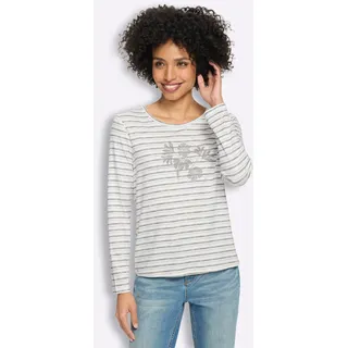 Langarmshirt HEINE "Shirt", Damen, Gr. 42, grau (grau, geringelt), 95% Viskose, 5% Elasthan, bedruckt, geblümt, gemustert, gestreift, Rundhals, Shirts Langarmshirt
