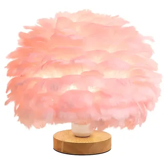 GUANSHAN Rosa Federtischlampe Nachttischlampe mit Holzsockel Federtischlampe Schreibtischlampenschirm für Schlafzimmerlampe, dekorative Lampe, Wohnzimmer