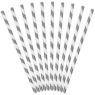 Papier Strohhalme, 19,5cm, weiß mit silber glänzenden Streifen, 10 Stück in einer Packung, SPP1M-018
